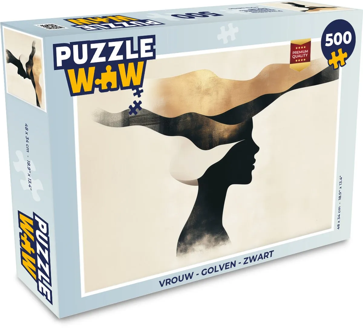 PuzzleWow Vrouw - Golven Legpuzzel 500 Stuks - Zwart/Goud/Beige