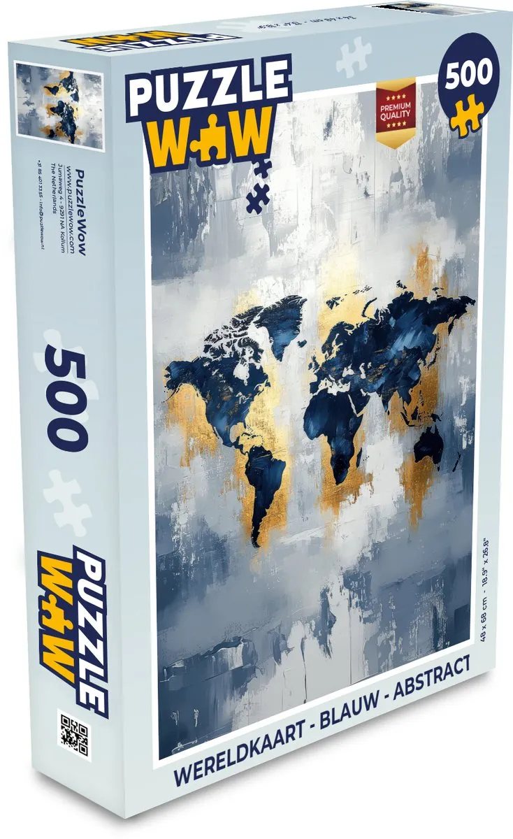 PuzzleWow Wereldkaart Legpuzzel 500 Stuks - Blauw