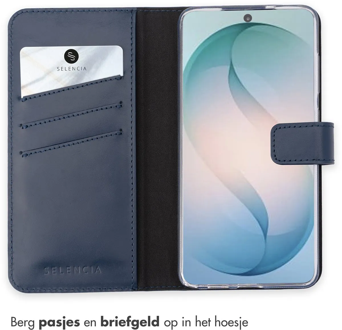 Selencia Hoesje Samsung Galaxy S26 Ultra Donkerblauw - Lederen Bookcase 3 Pasjes