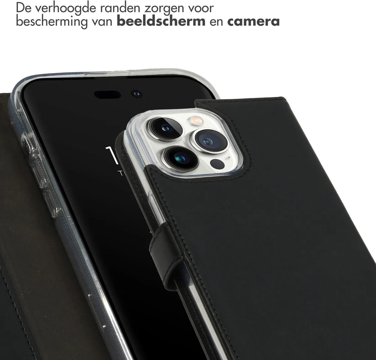 Selencia Hoesje iPhone 14 Pro Max - Echt Lederen Bookcase 3 Pasjes - Zwart