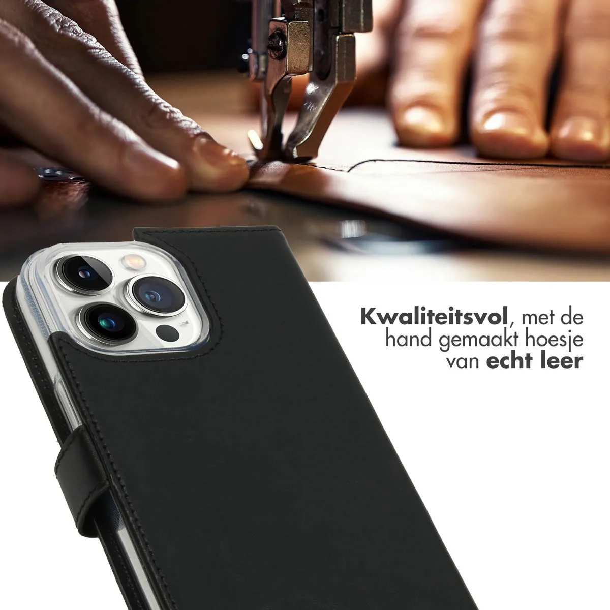 Selencia Hoesje iPhone 14 Pro Max - Echt Lederen Bookcase 3 Pasjes - Zwart