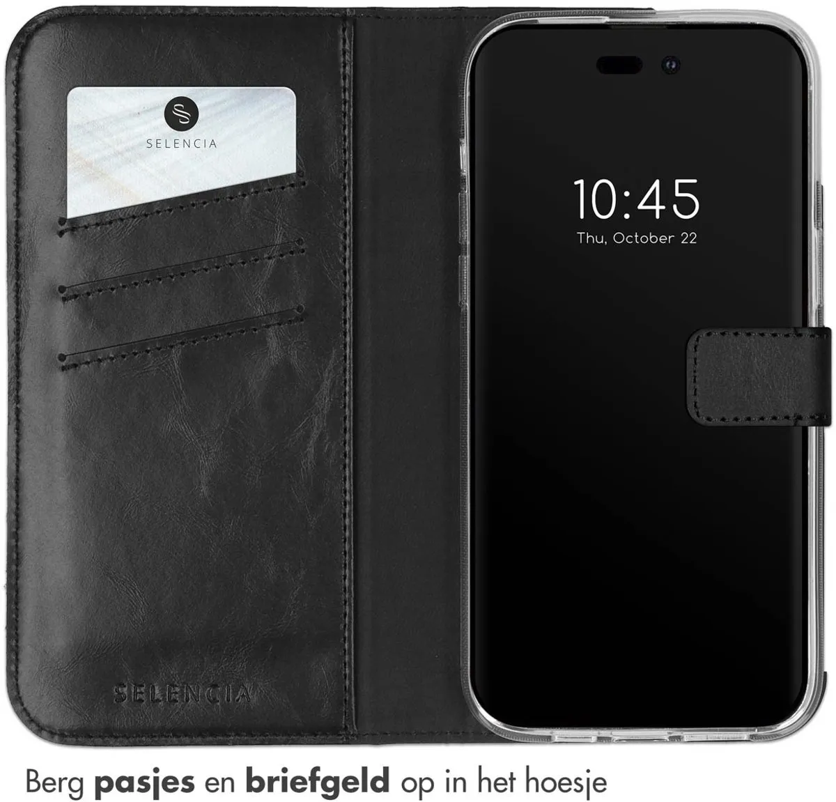 Selencia Hoesje iPhone 14 Pro Max - Echt Lederen Bookcase 3 Pasjes - Zwart