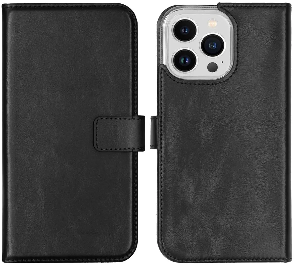 Selencia Hoesje iPhone 14 Pro Max - Echt Lederen Bookcase 3 Pasjes - Zwart
