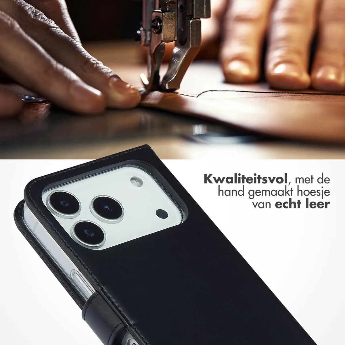 Selencia Hoesje iPhone 17 Pro - Echt Lederen Bookcase 3 Pasjes - Zwart
