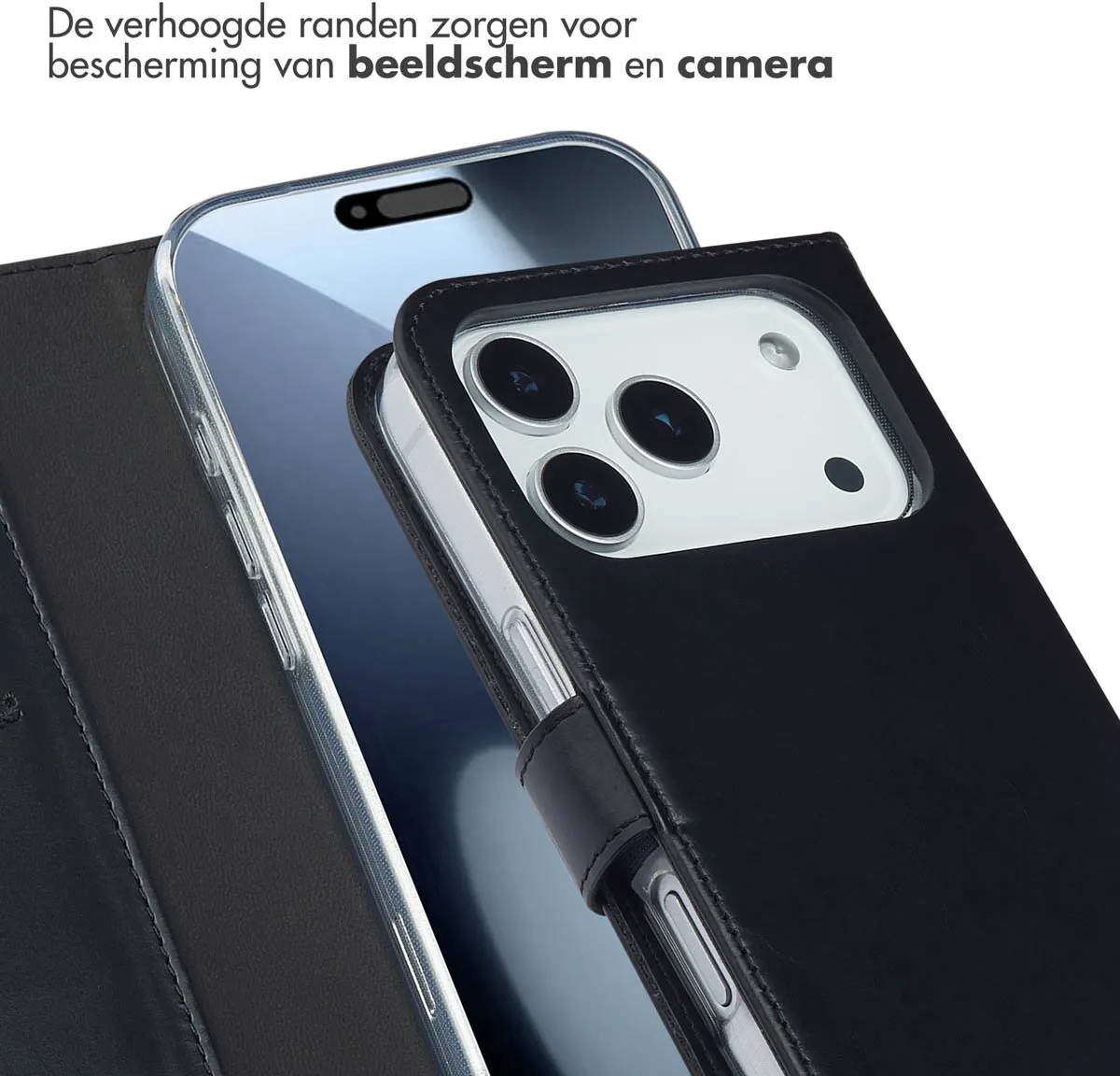 Selencia Hoesje iPhone 17 Pro - Echt Lederen Bookcase 3 Pasjes - Zwart