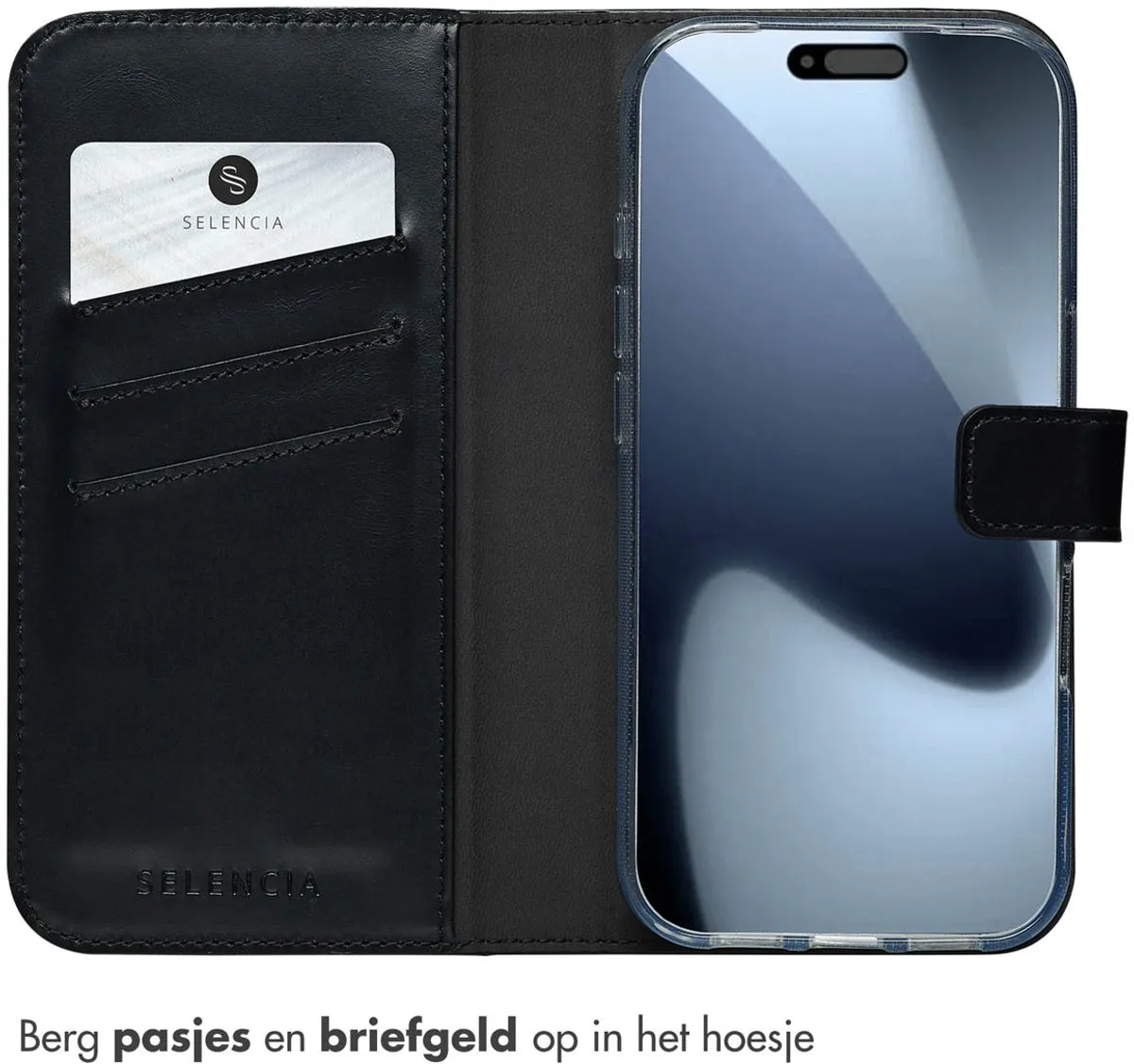Selencia Hoesje iPhone 17 Pro - Echt Lederen Bookcase 3 Pasjes - Zwart