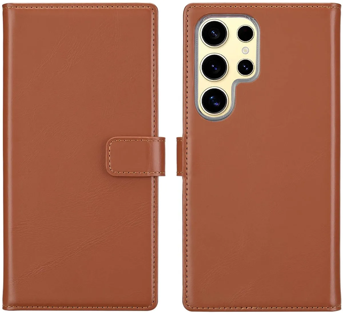 Selencia Hoesje Samsung Galaxy S25 Ultra - Echt Lederen Bookcase Lichtbruin