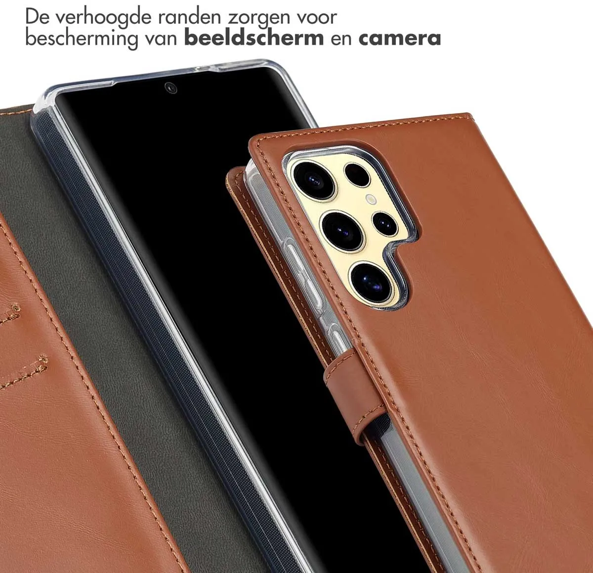 Selencia Hoesje Samsung Galaxy S25 Ultra - Echt Lederen Bookcase Lichtbruin