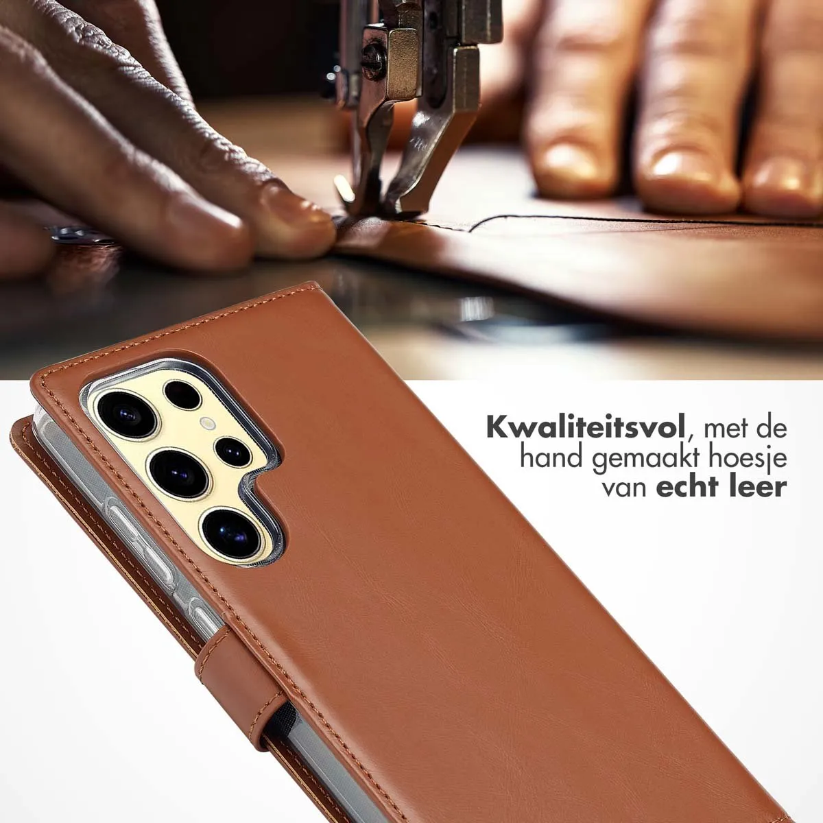 Selencia Hoesje Samsung Galaxy S25 Ultra - Echt Lederen Bookcase Lichtbruin