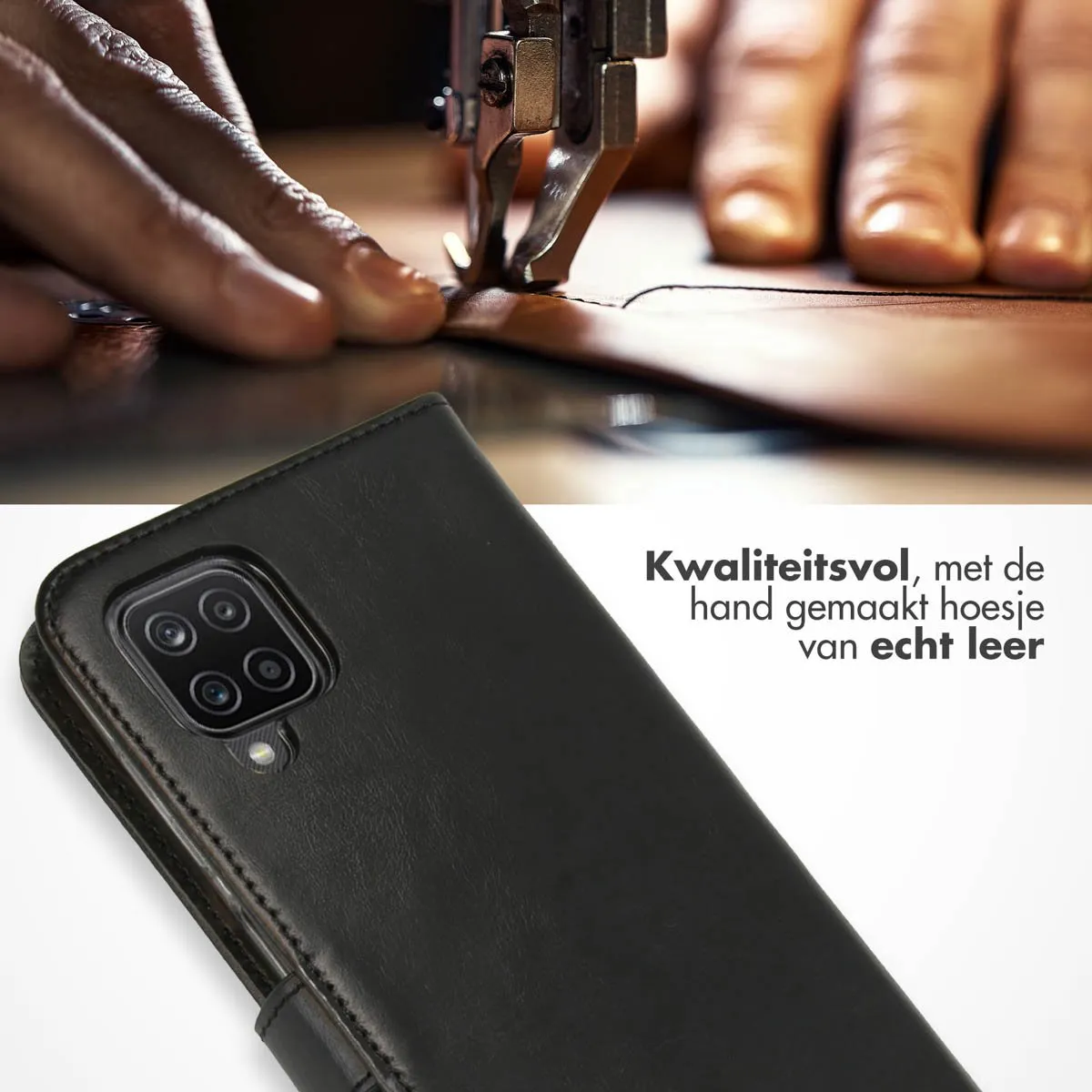 Selencia Hoesje Samsung Galaxy A12 Echt Lederen Bookcase - 3 Pasjes - Zwart