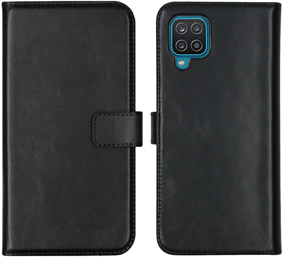 Selencia Hoesje Samsung Galaxy A12 Echt Lederen Bookcase - 3 Pasjes - Zwart