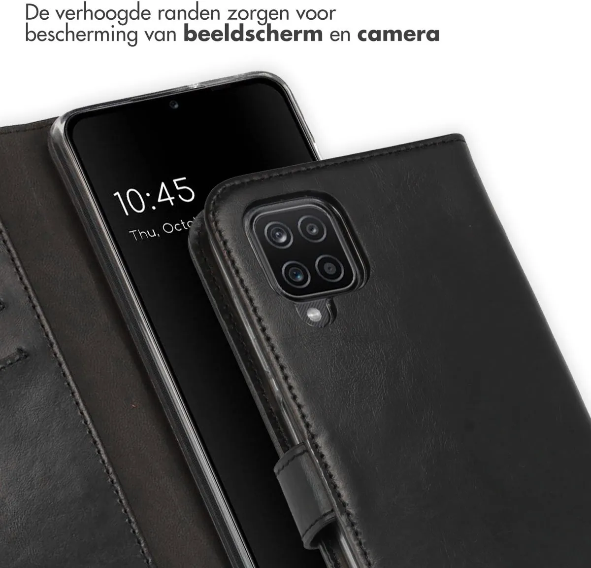 Selencia Hoesje Samsung Galaxy A12 Echt Lederen Bookcase - 3 Pasjes - Zwart