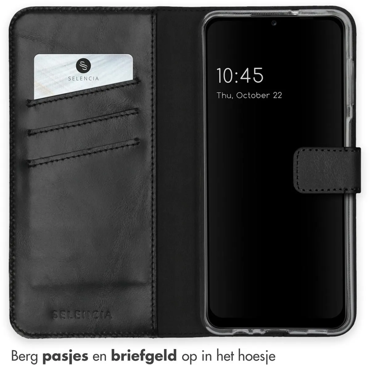 Selencia Hoesje Samsung Galaxy A12 Echt Lederen Bookcase - 3 Pasjes - Zwart
