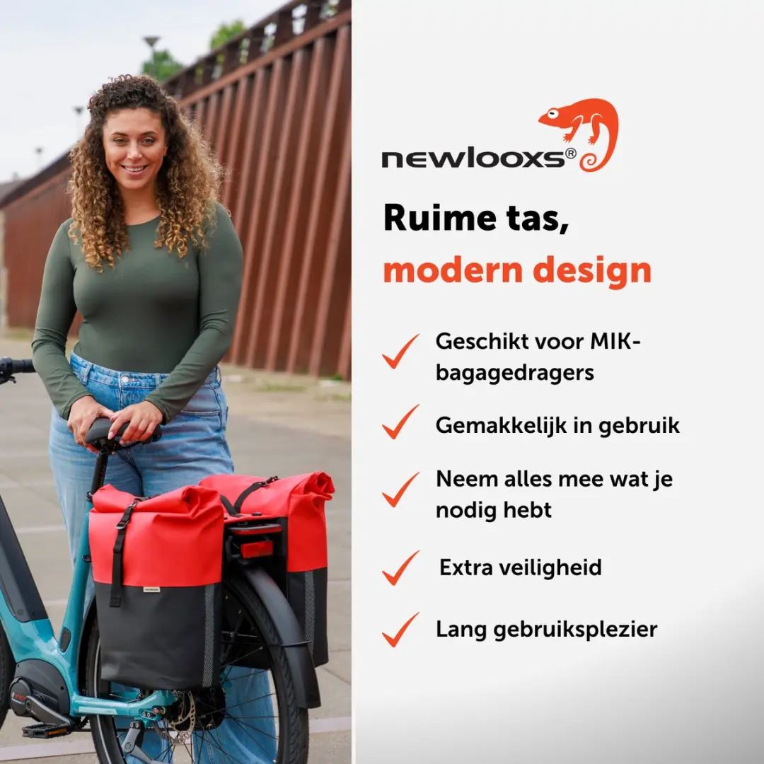 New Looxs Nyborg Double Dubbele Fietstas 34L - MIK Adapter - Zwart & Rood - afbeelding 2 van 6