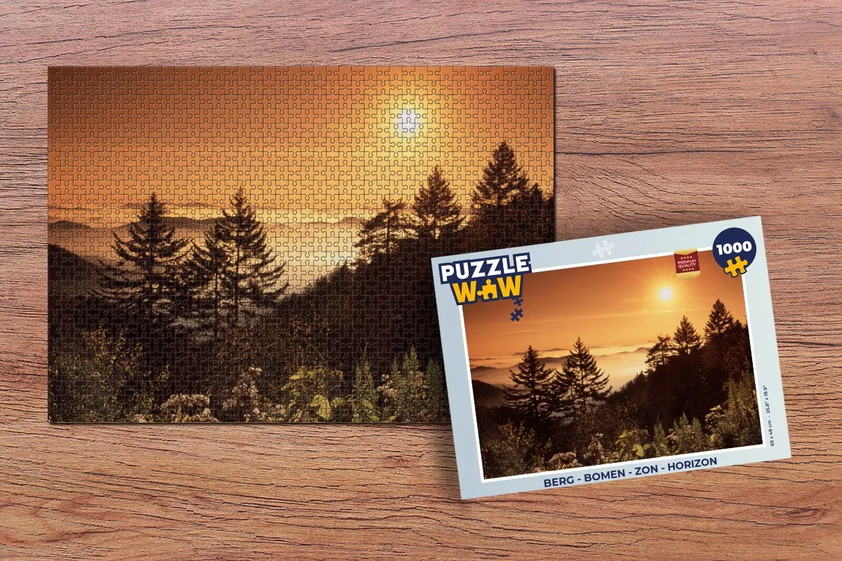 PuzzleWow Legpuzzel Berg - Bomen - Zon - Horizon 1000 Stuks - Multicolor