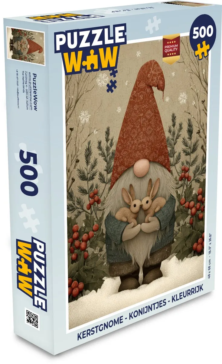 PuzzleWow Kerstgnome Konijntjes Puzzel 500 Stuks - Kleurrijk