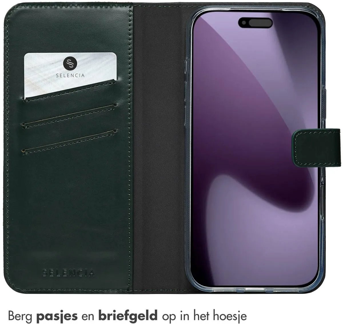 Selencia Hoesje iPhone 17 Pro Max - Groen Lederen Bookcase - 3 Pasjes