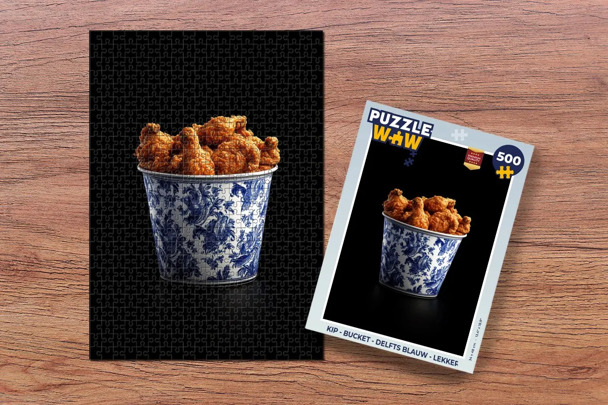 PuzzleWow Kip Bucket Legpuzzel 500 Stuks - Delfts Blauw