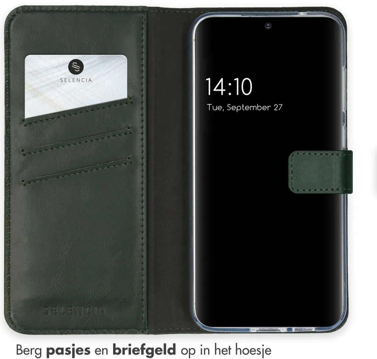 Selencia Hoesje Samsung Galaxy S23 FE - Groen Lederen Bookcase - 3 Pasjes