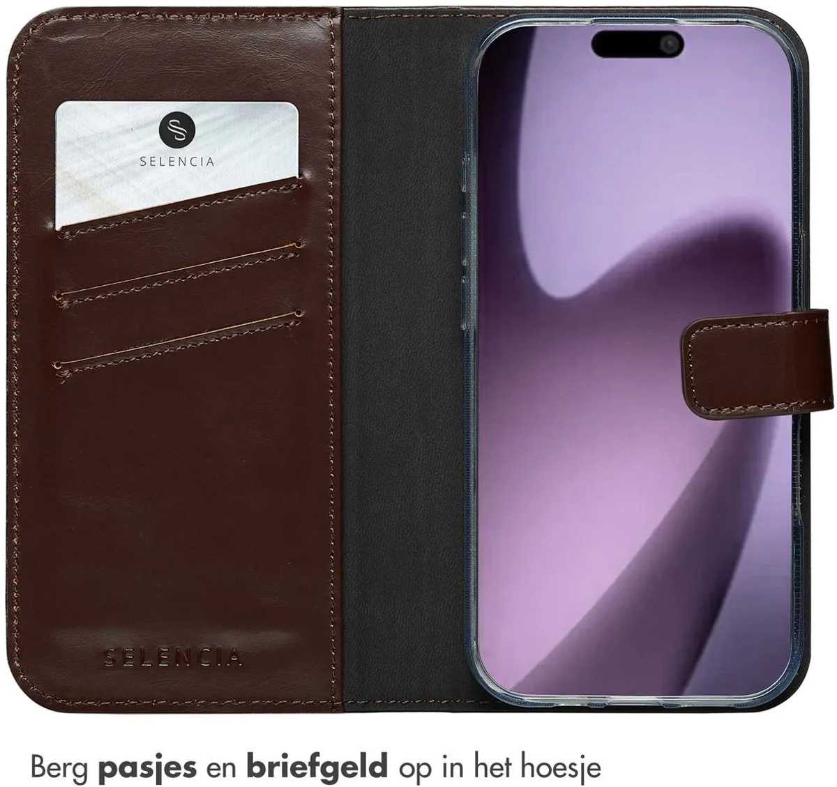 Selencia Hoesje iPhone 17 Echt Lederen Bookcase - 3 Pasjes - Bruin