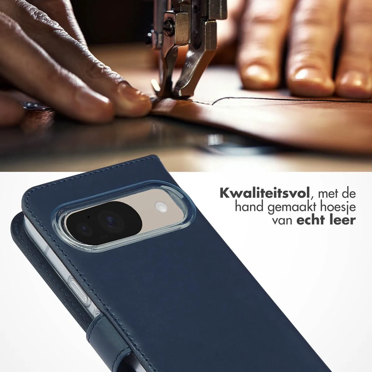Selencia Hoesje Google Pixel 10/10 Pro - Echt Lederen Bookcase Blauw