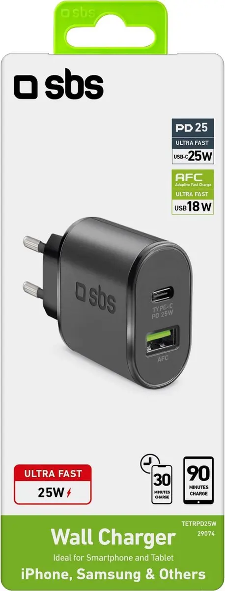 SBS TETRPD25W Dual USB Oplader 25W - Zwart - afbeelding 3 van 4