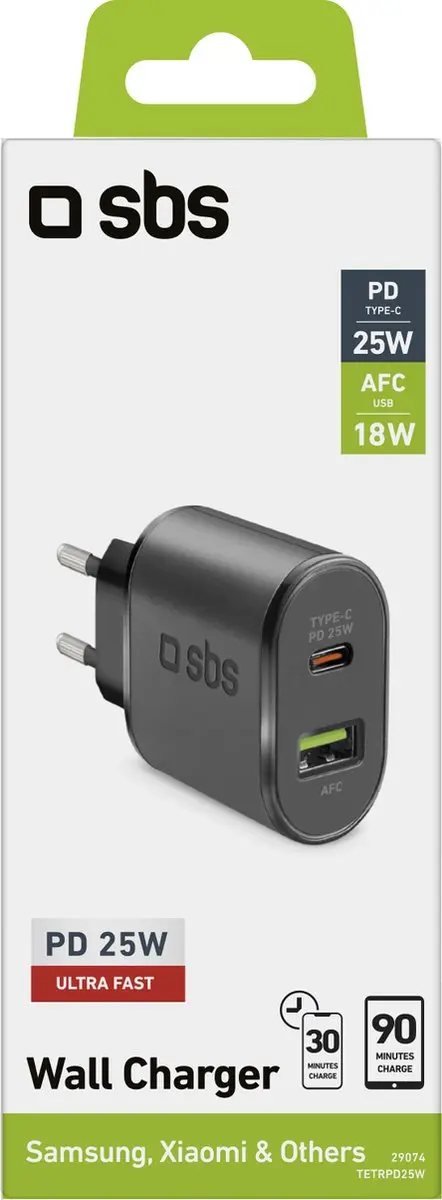 SBS TETRPD25W Dual USB Oplader 25W - Zwart - afbeelding 2 van 4