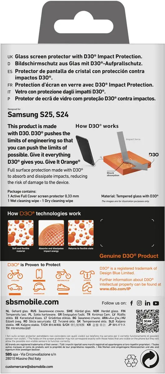 SBS D3O Serie Gehard Glas Frame - Samsung Galaxy S25+/S24+