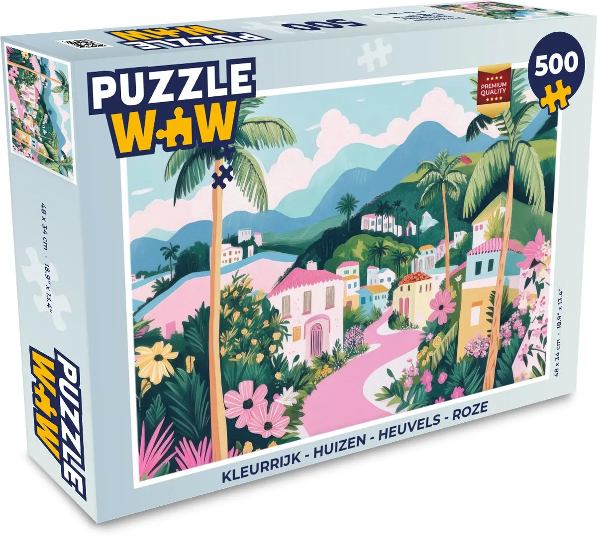 PuzzleWow Kleurrijk Huizen Heuvels Legpuzzel 500 Stuks - Roze