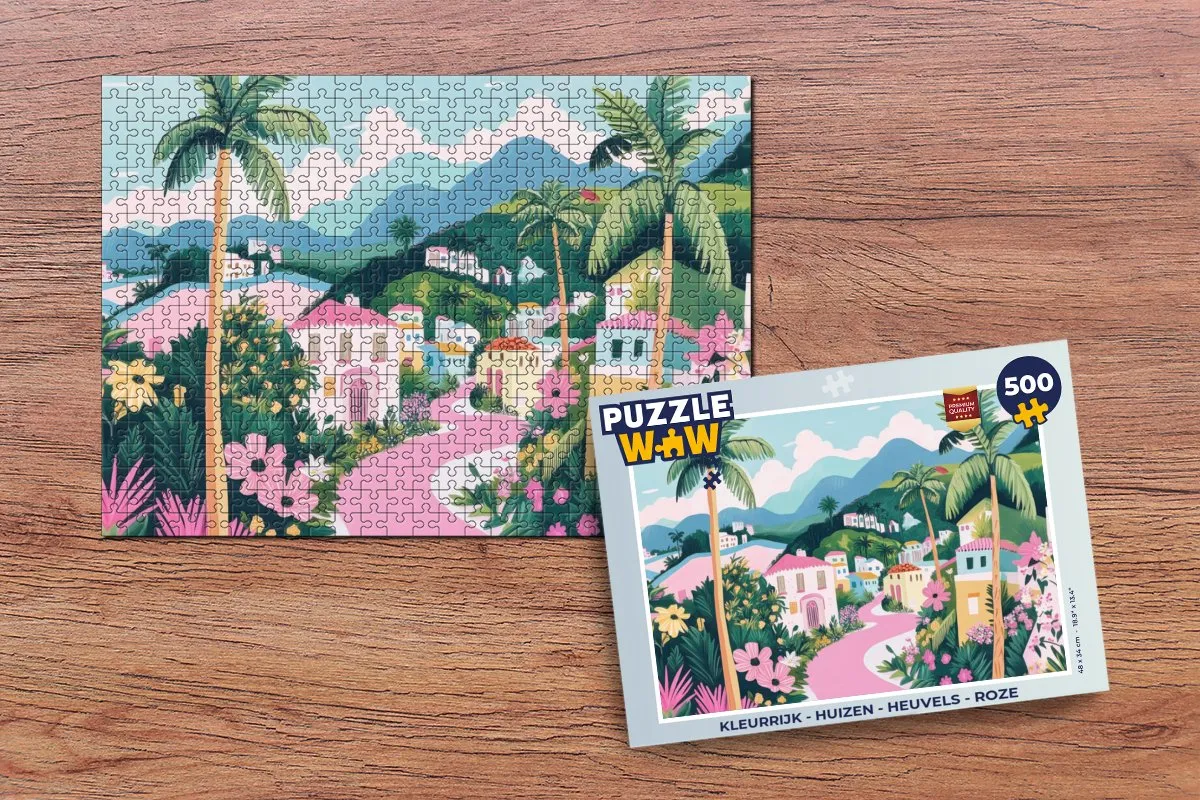 PuzzleWow Kleurrijk Huizen Heuvels Legpuzzel 500 Stuks - Roze