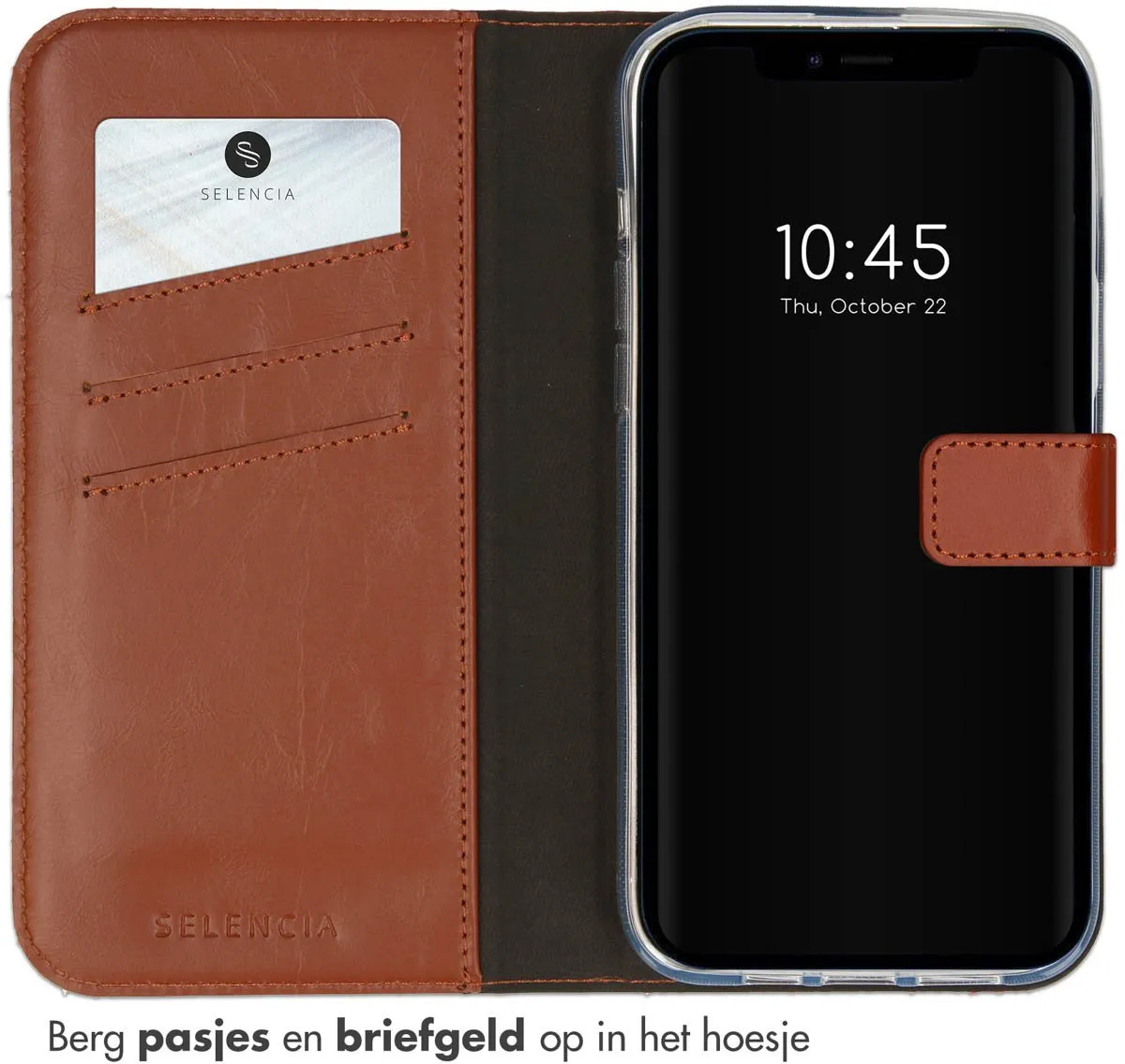 Selencia Hoesje iPhone 14 Plus Lichtbruin - Lederen Bookcase - 3 Pasjes