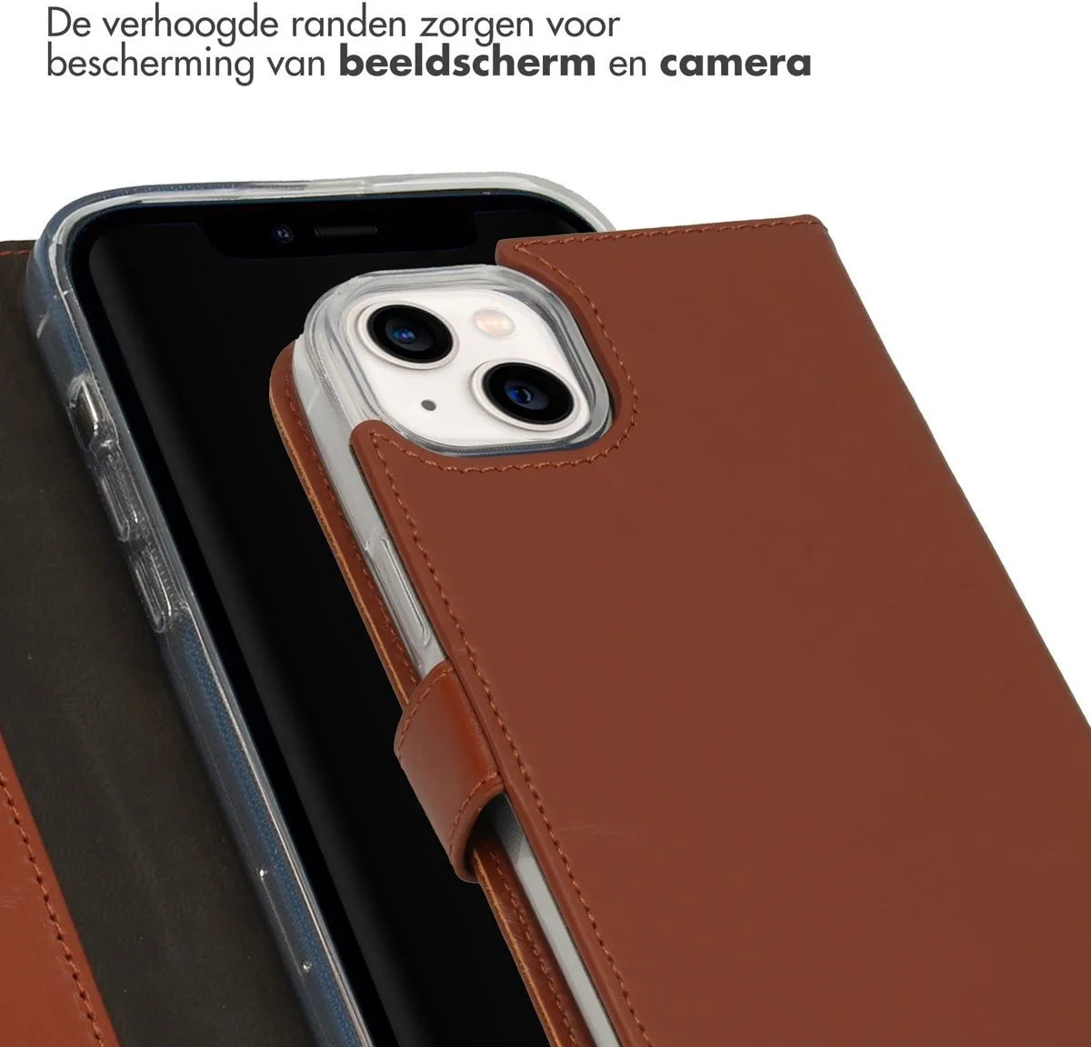 Selencia Hoesje iPhone 14 Plus Lichtbruin - Lederen Bookcase - 3 Pasjes