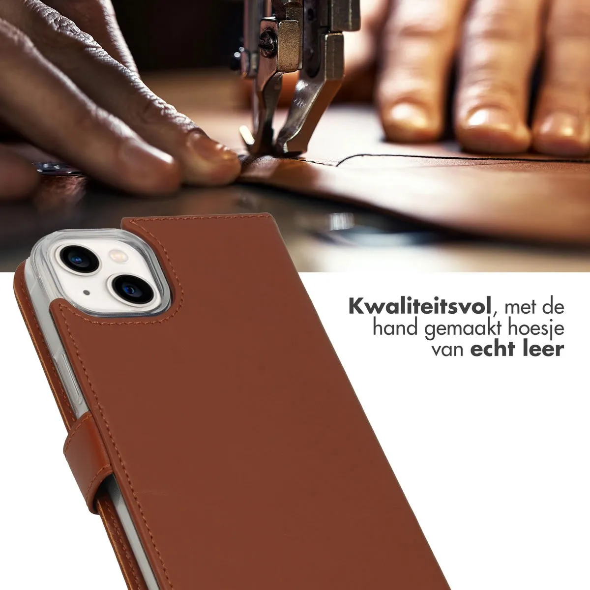 Selencia Hoesje iPhone 14 Plus Lichtbruin - Lederen Bookcase - 3 Pasjes