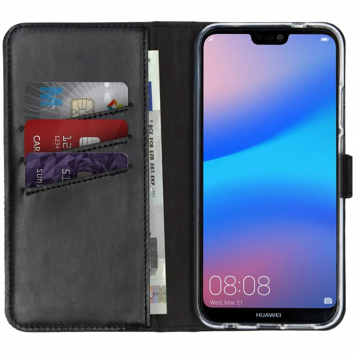 Selencia Hoesje Huawei P20 Lite - Echt Lederen Bookcase 3 Stuks - Zwart