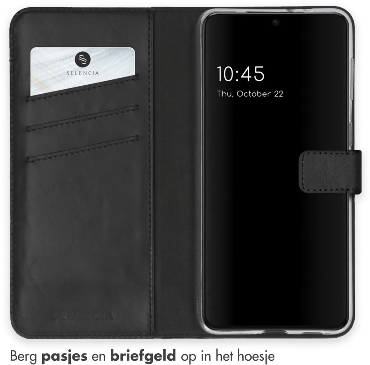Selencia Hoesje Samsung Galaxy S21 Echt Lederen Bookcase - 3 Pasjes - Zwart