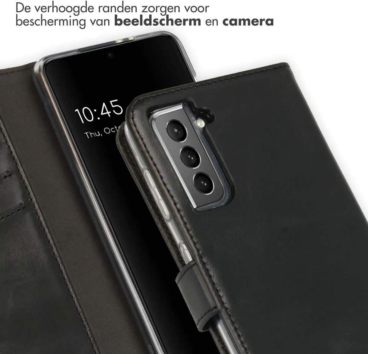 Selencia Hoesje Samsung Galaxy S21 Echt Lederen Bookcase - 3 Pasjes - Zwart