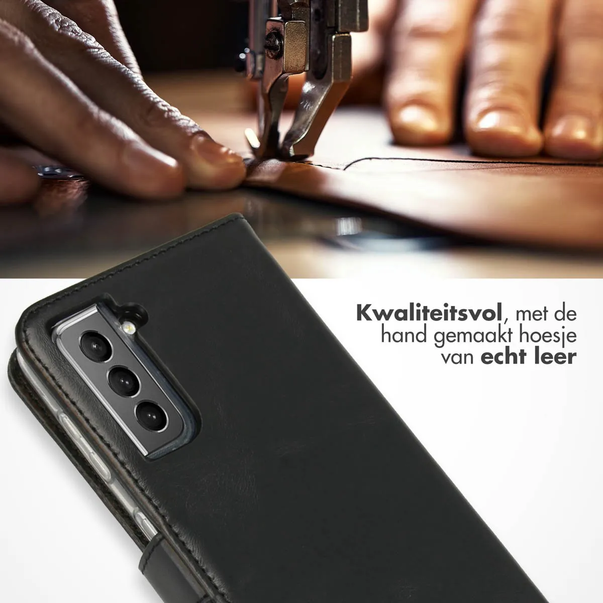 Selencia Hoesje Samsung Galaxy S21 Echt Lederen Bookcase - 3 Pasjes - Zwart