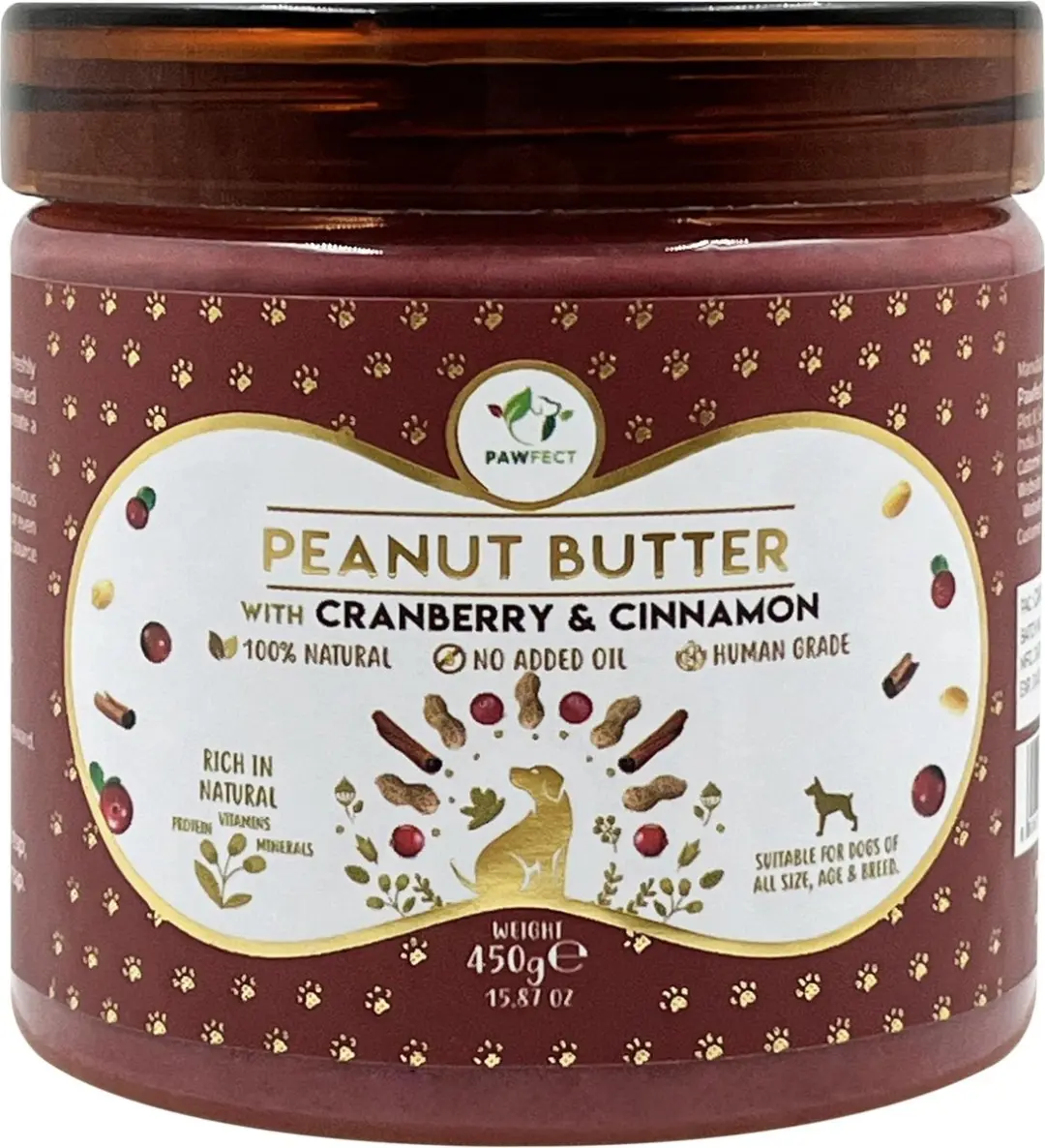 Pawfect Pindakaas voor de hond Veenbessen & Kaneel 450 gr.
