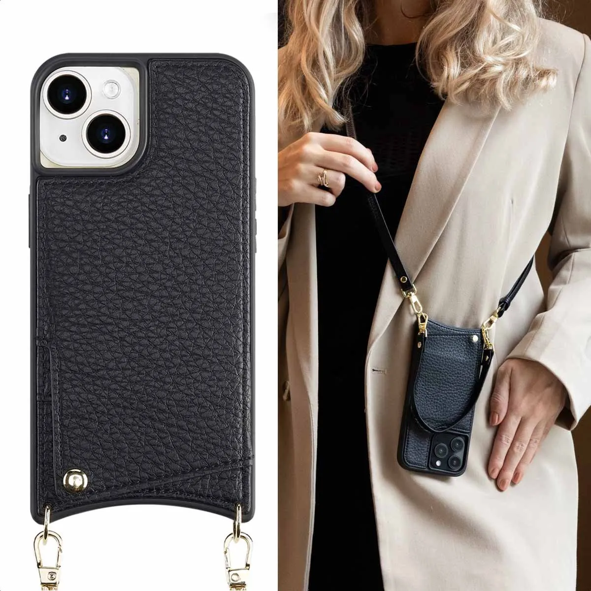 Selencia Hoesje iPhone 15 - Backcover met koord - 2 Pasjes - Zwart