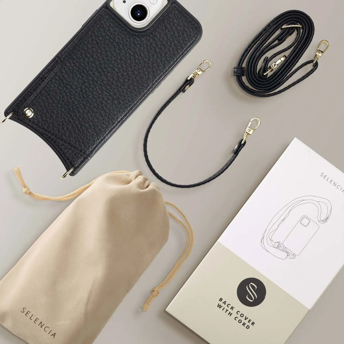 Selencia Hoesje iPhone 15 - Backcover met koord - 2 Pasjes - Zwart - afbeelding 6 van 6