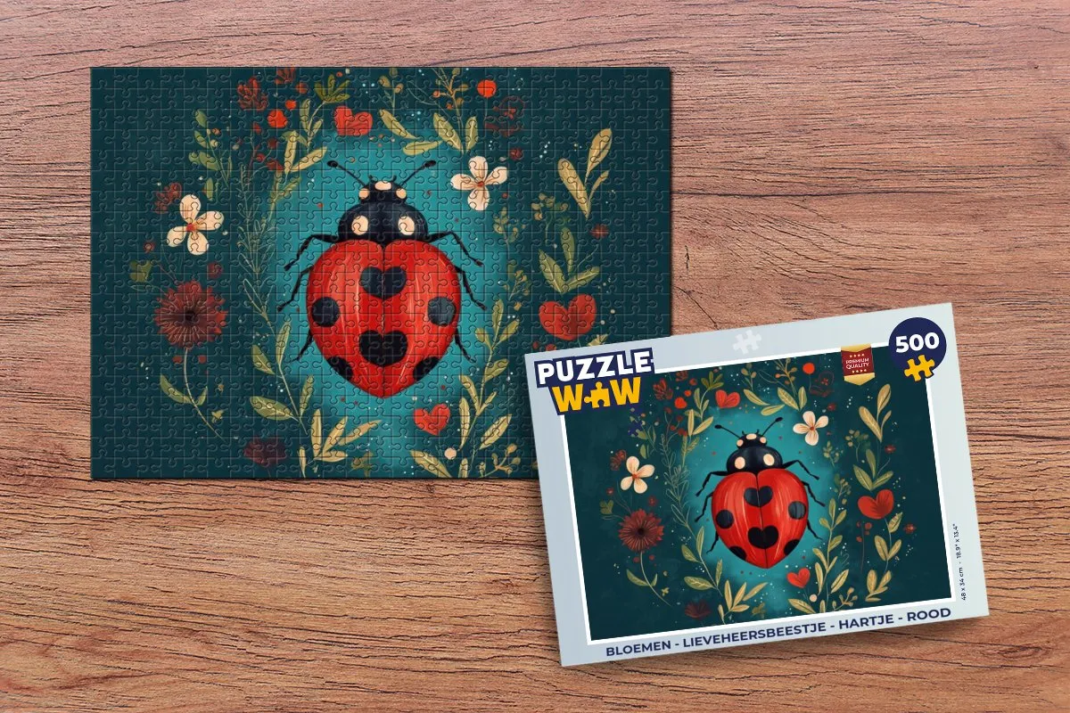 PuzzleWow Legpuzzel Bloemen - Lieveheersbeestje 500 Stuks - Rood
