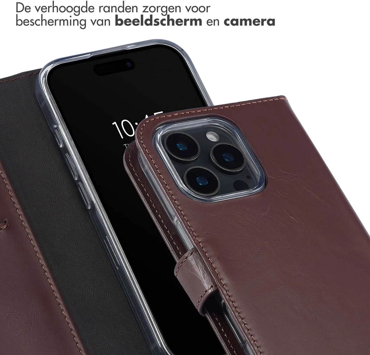 Selencia Hoesje iPhone 16 Pro Max Echt Lederen Bookcase Bruin