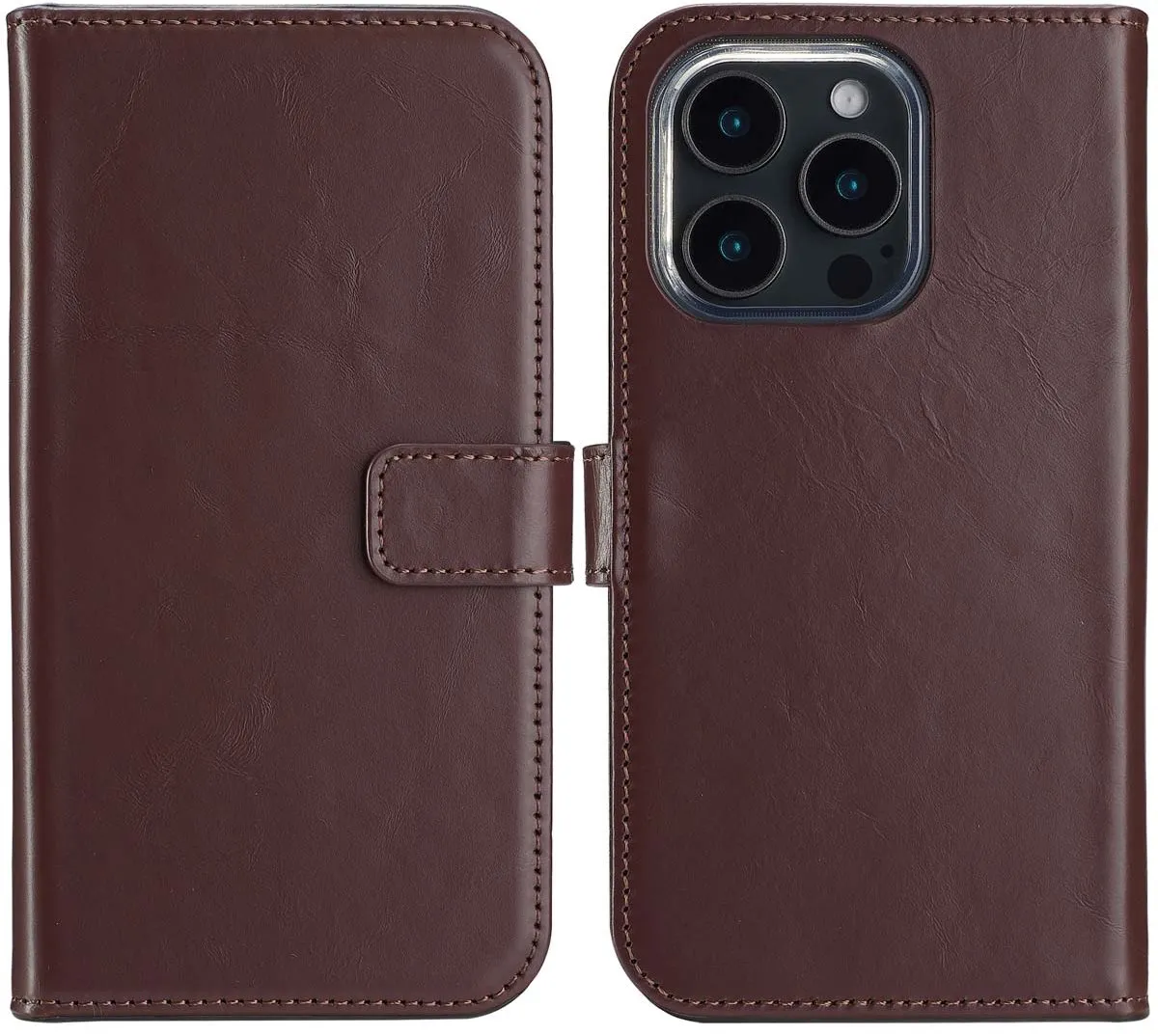 Selencia Hoesje iPhone 16 Pro Max Echt Lederen Bookcase Bruin