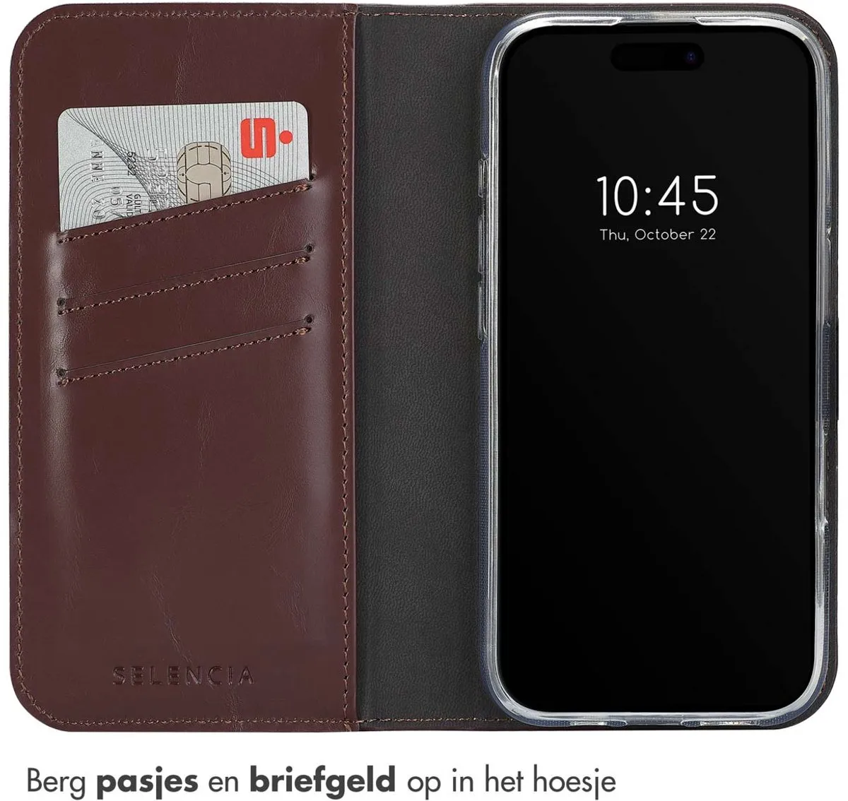 Selencia Hoesje iPhone 16 Pro Max Echt Lederen Bookcase Bruin