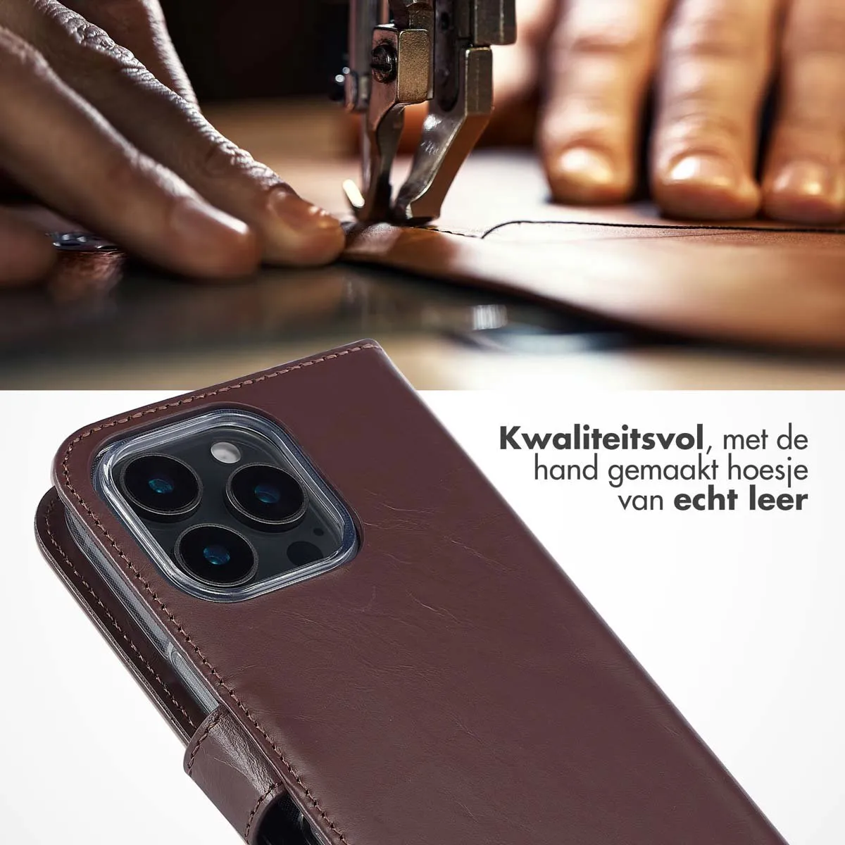 Selencia Hoesje iPhone 16 Pro Max Echt Lederen Bookcase Bruin