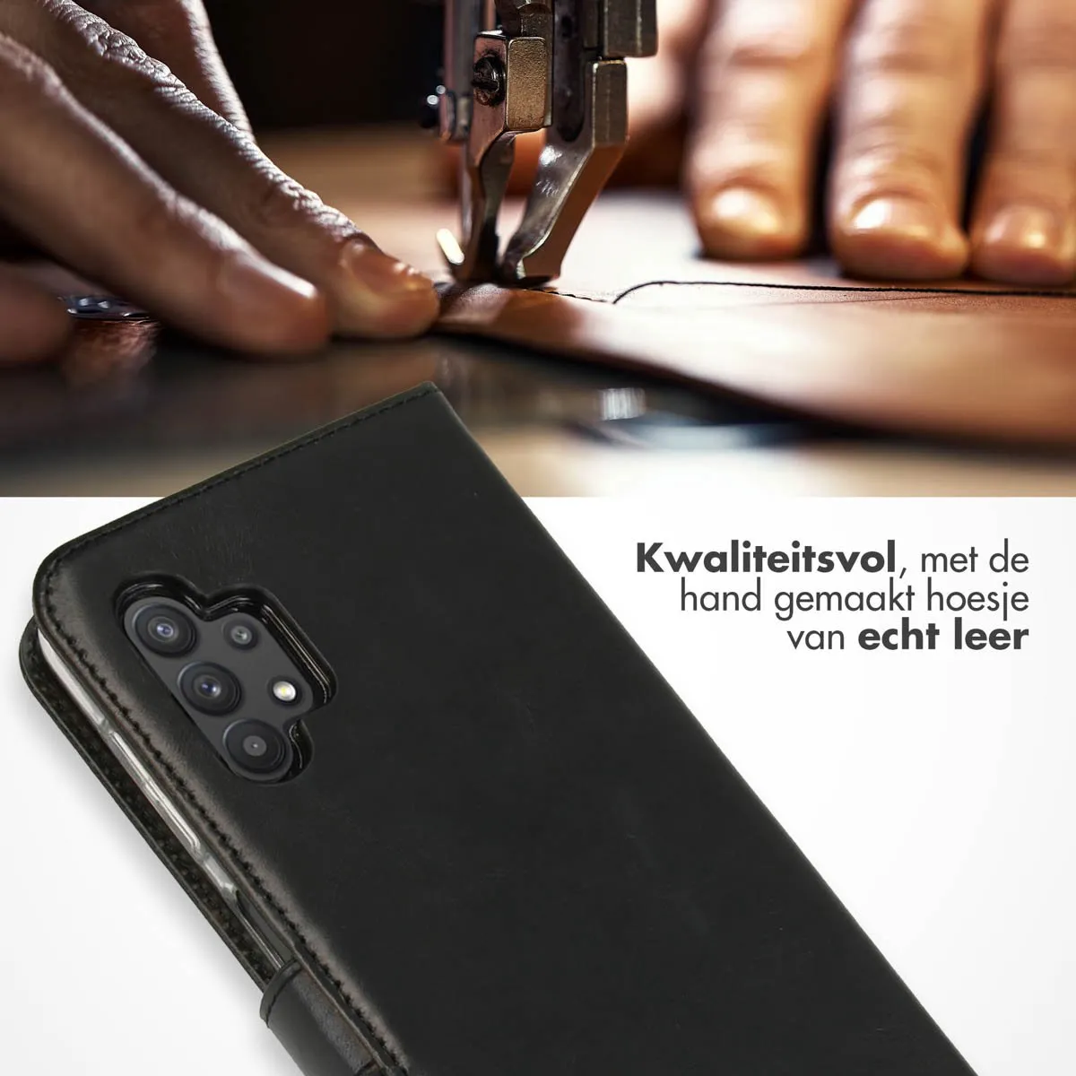 Selencia Hoesje Samsung Galaxy A32 5G - Echt Lederen Bookcase Zwart