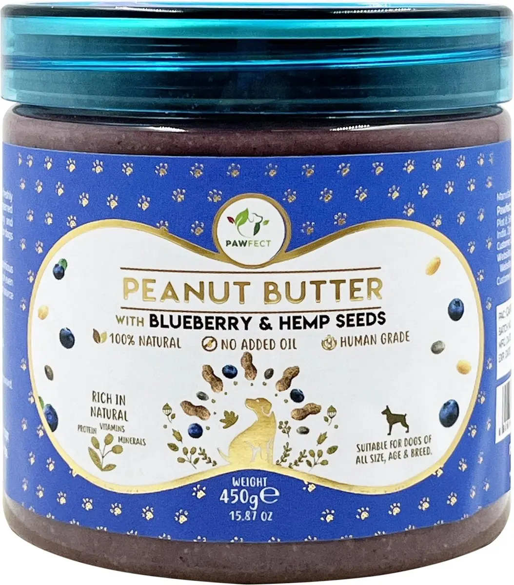 Pawfect Pindakaas voor de hond Blauwe bessen & Hennepzaden 450 gr.