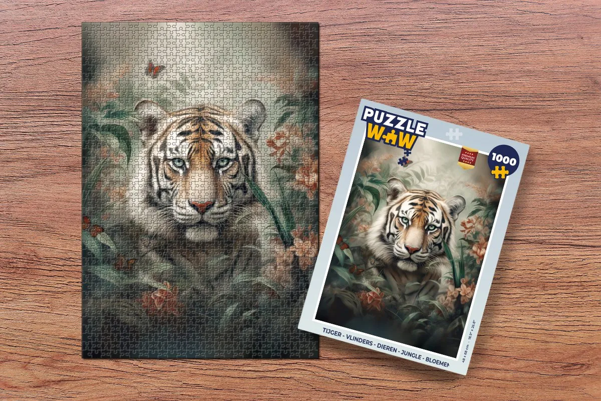 PuzzleWow Tijger Vlinders Jungle Bloemen Legpuzzel 1000 Stuks - Multicolor