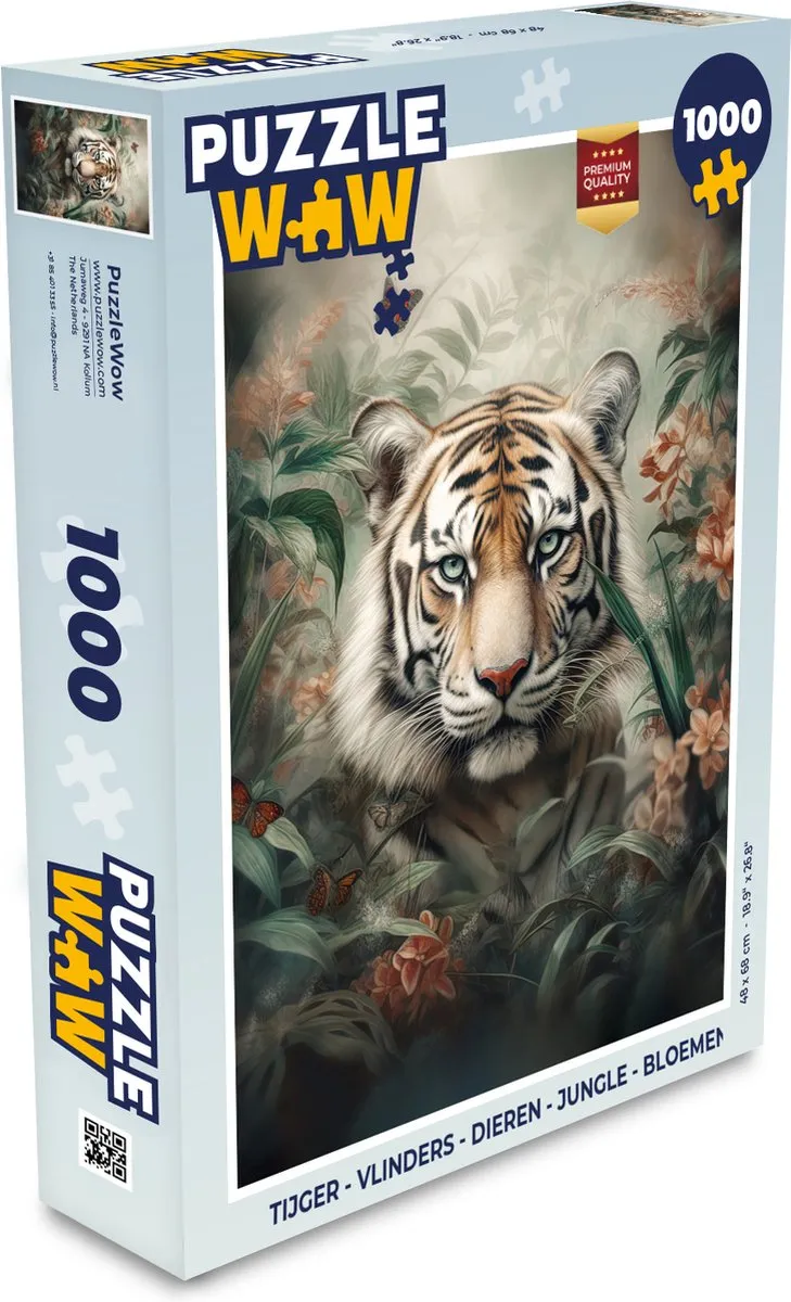 PuzzleWow Tijger Vlinders Jungle Bloemen Legpuzzel 1000 Stuks - Multicolor