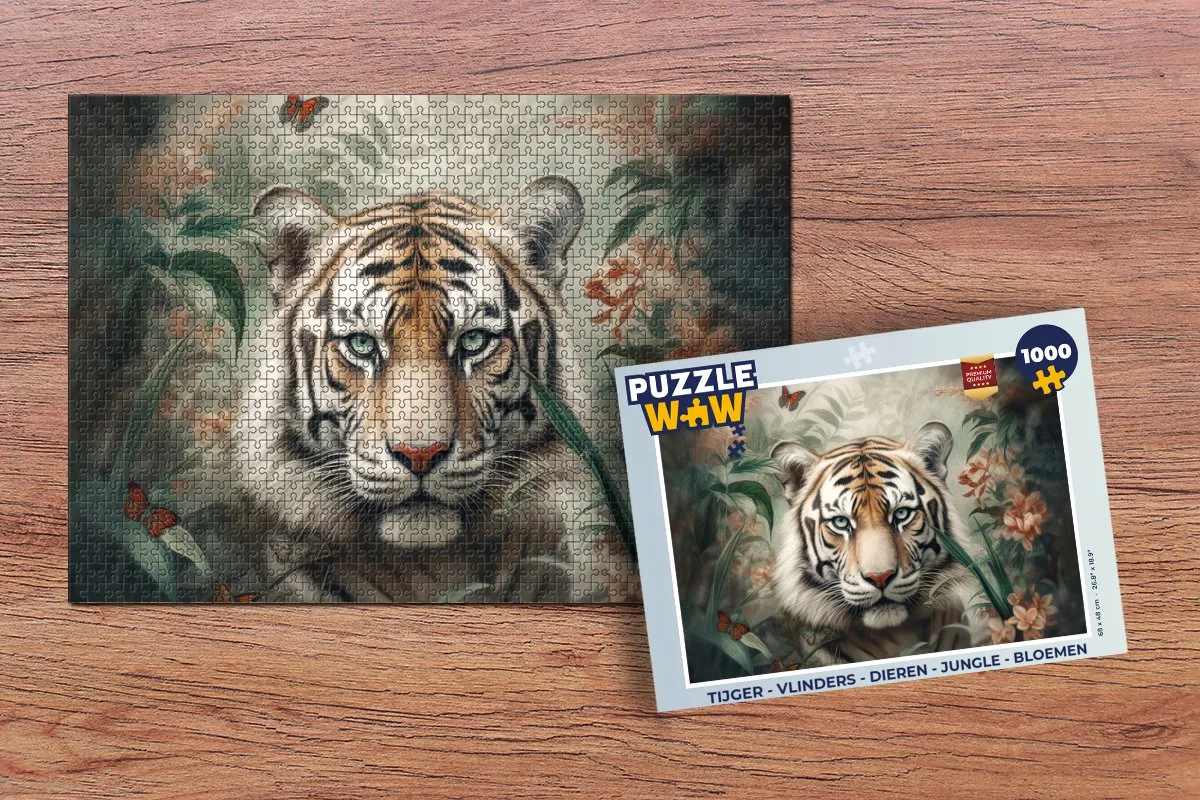 PuzzleWow Tijger Vlinders Jungle Bloemen Legpuzzel 1000 Stuks - Multicolor